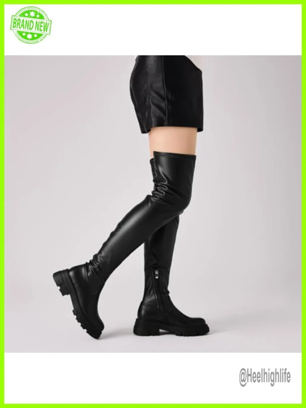 Stretchy Faux Leather Thigh High Platform Lug Sole Boots